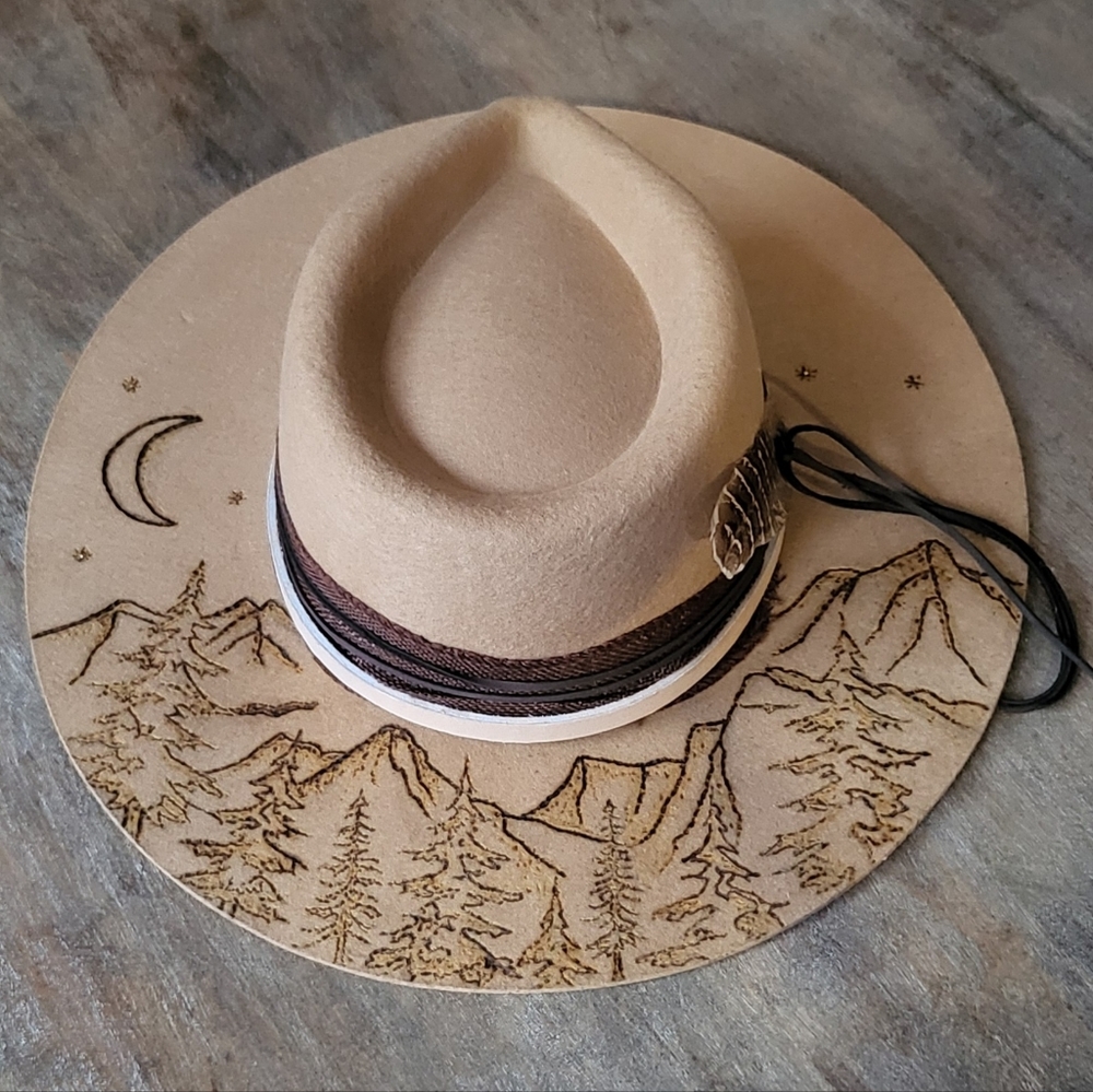 Australian wool burned fedora hat with rhinestones, leather hatband, feather
